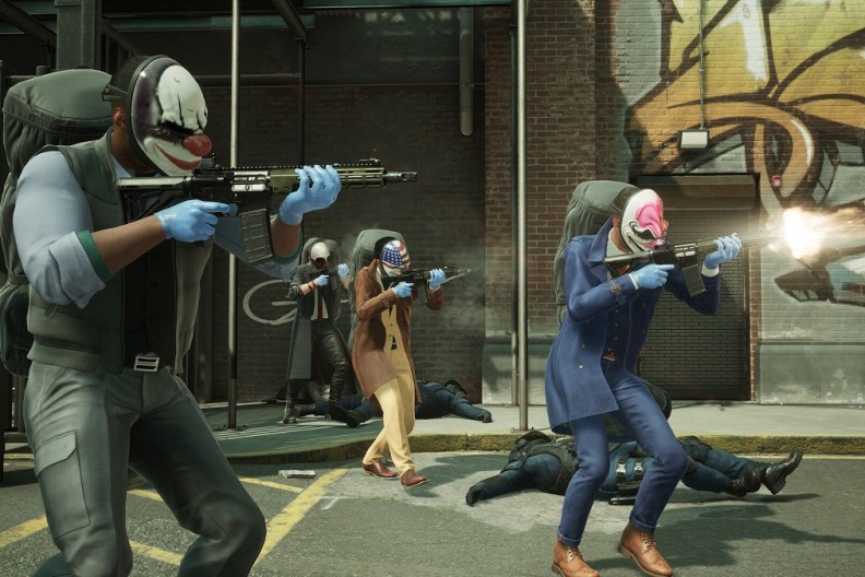 Payday 3: Bank robbers wearing masks and firing assault rifles off-screen.